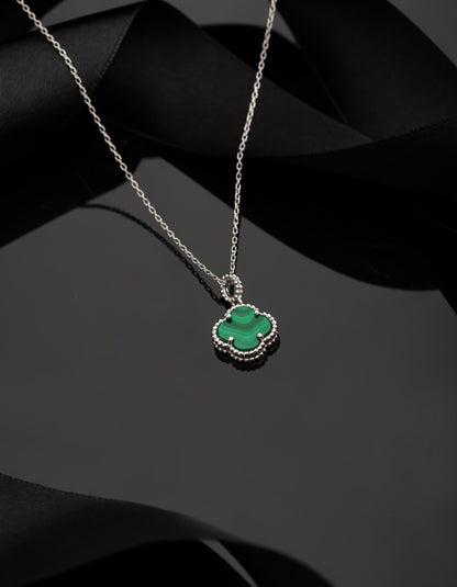 925 Ayar Yeşil Kaplangözü Taşlı Rodyum Van Cleef Yonca Gümüş Kolye