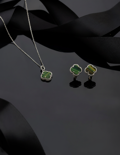 925 Ayar Yeşil Kaplangözü Taşlı Rodyum Van Cleef Yonca Kolye Küpe 2'li Gümüş Set-Takım