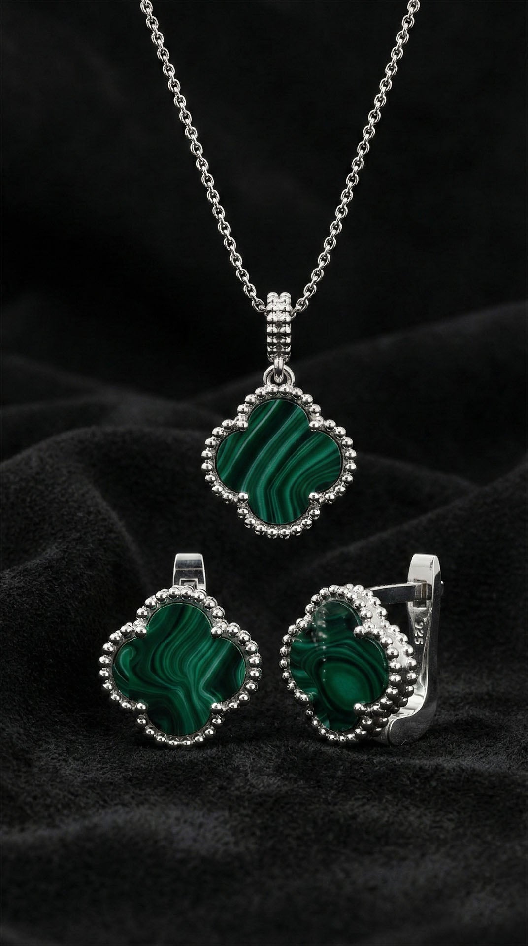 925 Ayar Yeşil Kaplangözü Taşlı Rodyum Van Cleef Yonca Kolye Küpe 2'li Gümüş Set-Takım