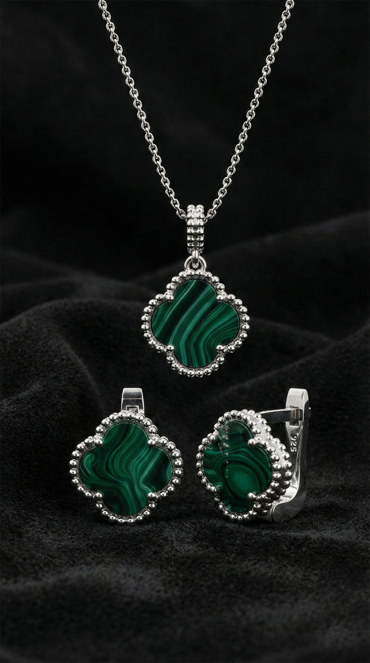 925 Ayar Yeşil Kaplangözü Taşlı Rodyum Van Cleef Yonca Kolye Küpe 2'li Gümüş Set-Takım
