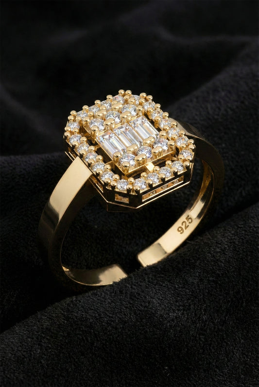 925 Ayar Zirkon Taşlı Gold 3 Sıra Ayarlanabilir Baget Gümüş Yüzük