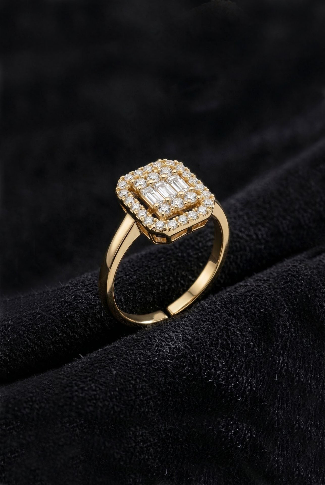 925 Ayar Zirkon Taşlı Gold 3 Sıra Ayarlanabilir Baget Gümüş Yüzük