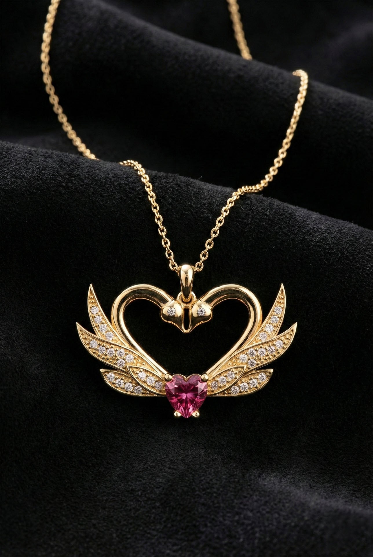925 Ayar Zirkon Taşlı Gold Birleşen Kuğular Kalp Motifli Gümüş Aşk Kolyesi