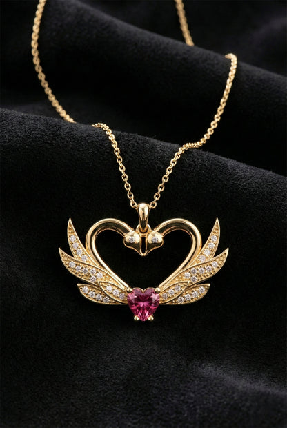 925 Ayar Zirkon Taşlı Gold Birleşen Kuğular Kalp Motifli Gümüş Aşk Kolyesi
