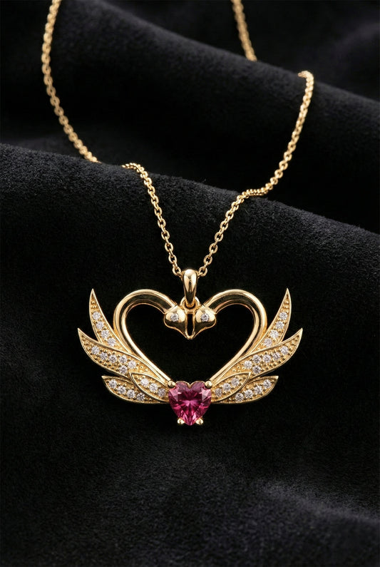 925 Ayar Zirkon Taşlı Gold Birleşen Kuğular Kalp Motifli Gümüş Aşk Kolyesi