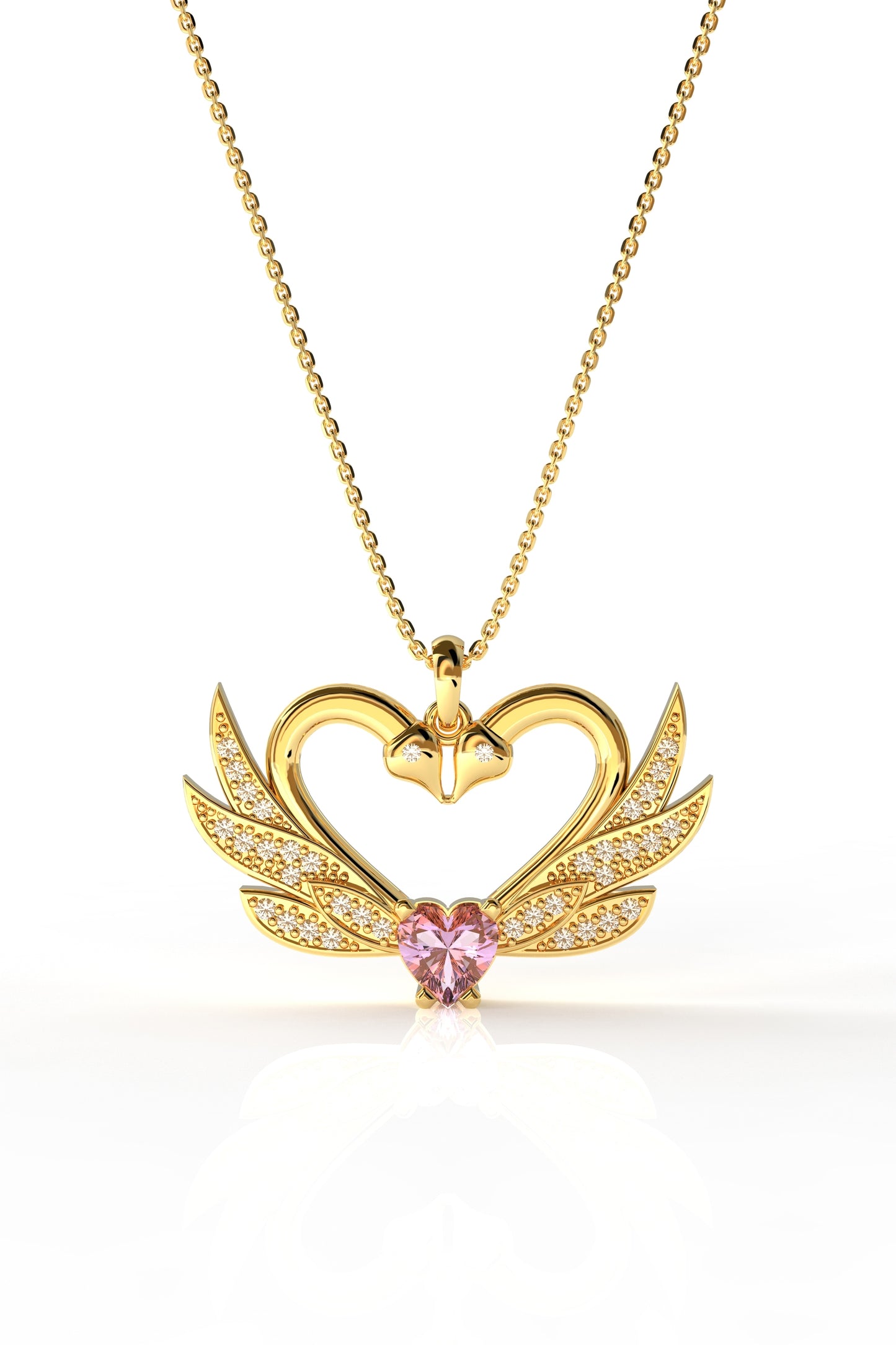 925 Ayar Zirkon Taşlı Gold Birleşen Kuğular Kalp Motifli Gümüş Aşk Kolyesi