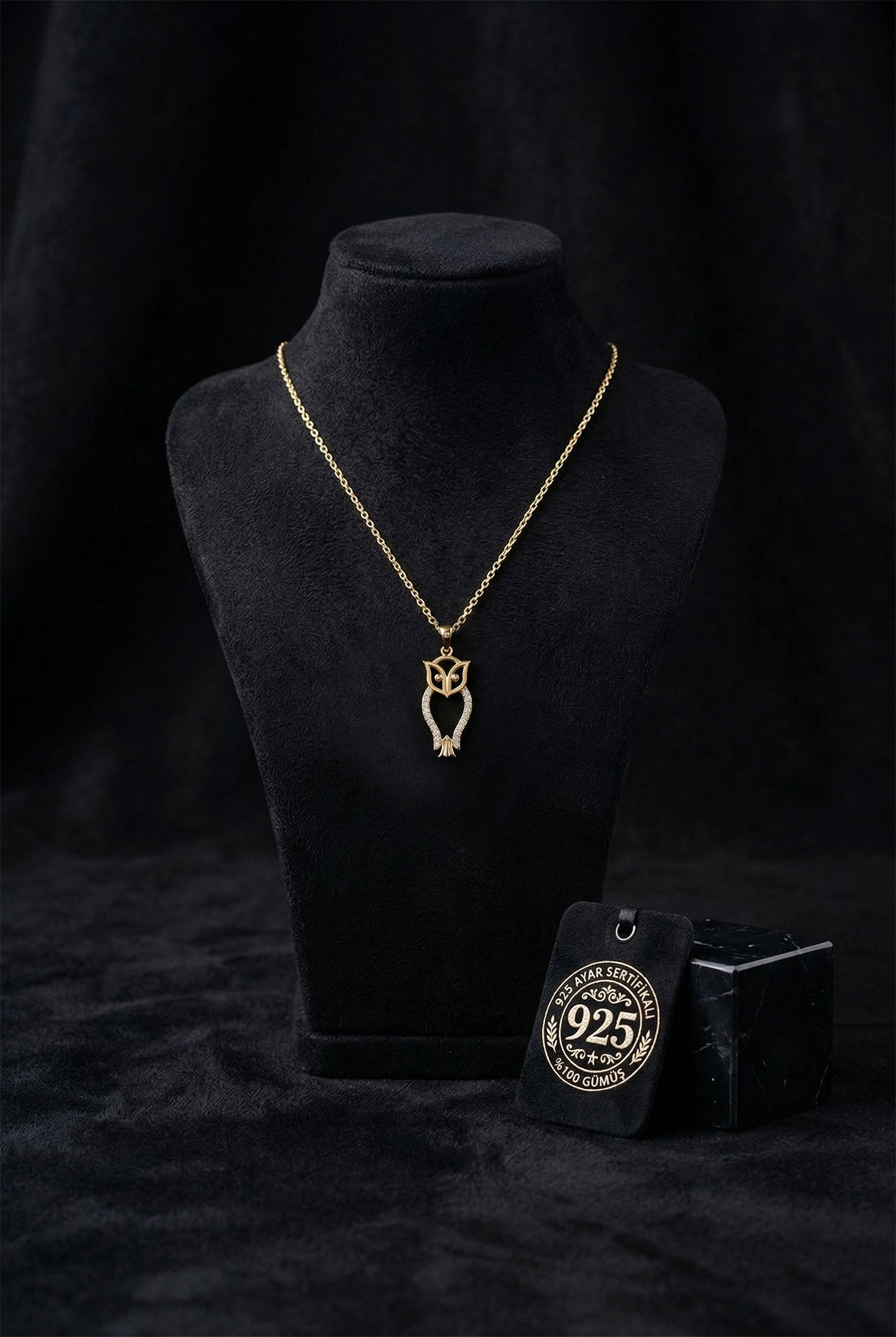925 Ayar Zirkon Taşlı Gold Minimal Baykuş Gümüş Kolye
