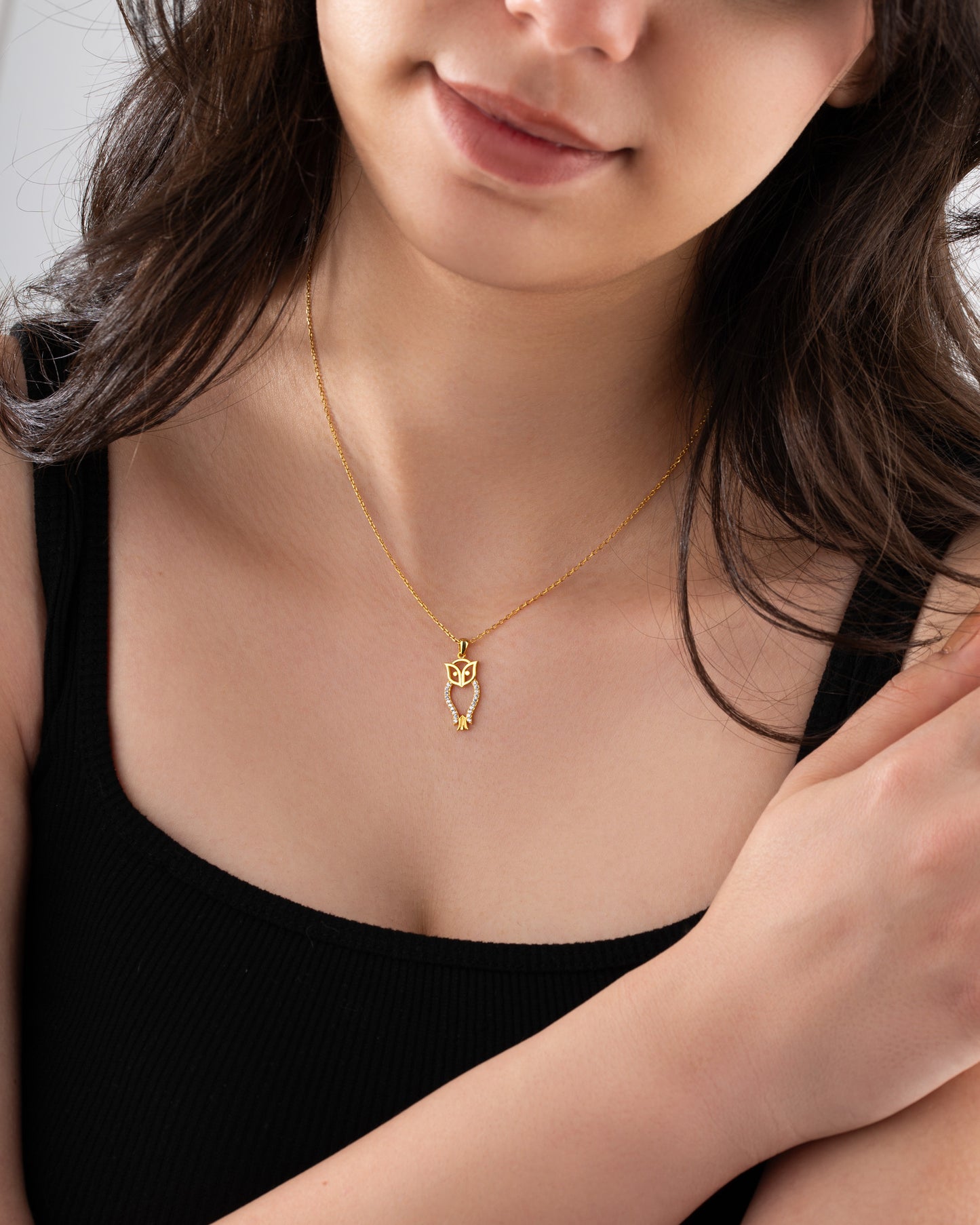 925 Ayar Zirkon Taşlı Gold Minimal Baykuş Gümüş Kolye