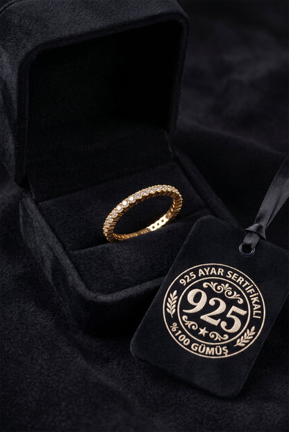 925 Ayar Zirkon Taşlı Gold Minimal Tamtur Gümüş Yüzük