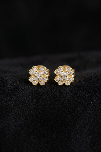 925 Ayar Zirkon Taşlı Gold Yonca Minimal Çivili Gümüş Küpe