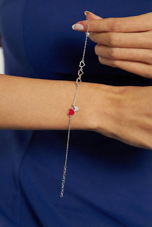 925 Ayar Zirkon Taşlı Mineli Rodyum Kalp Minimal Gümüş Bileklik Charmlı