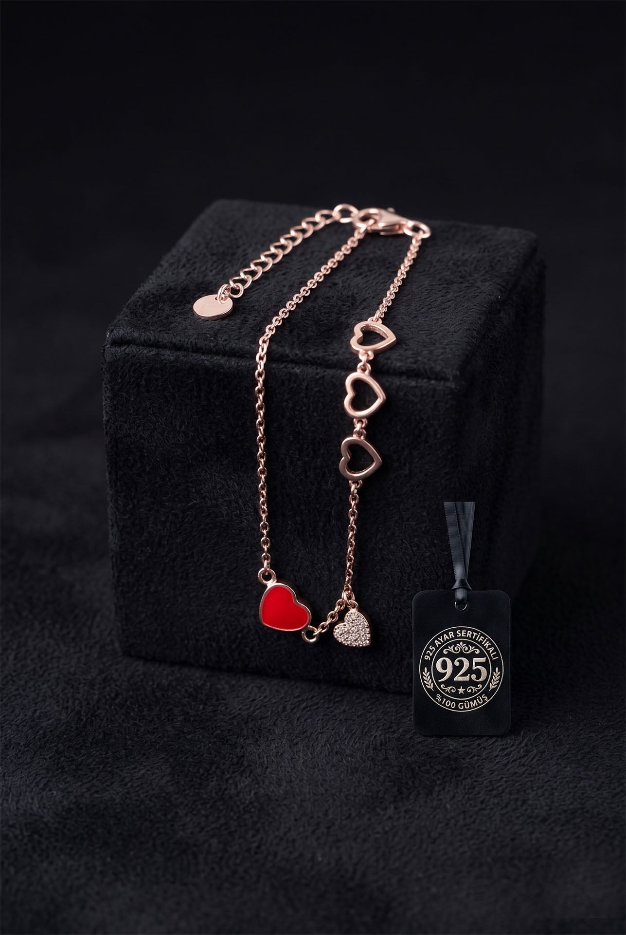925 Ayar Zirkon Taşlı Mineli Rose Kalp Minimal Gümüş Bileklik