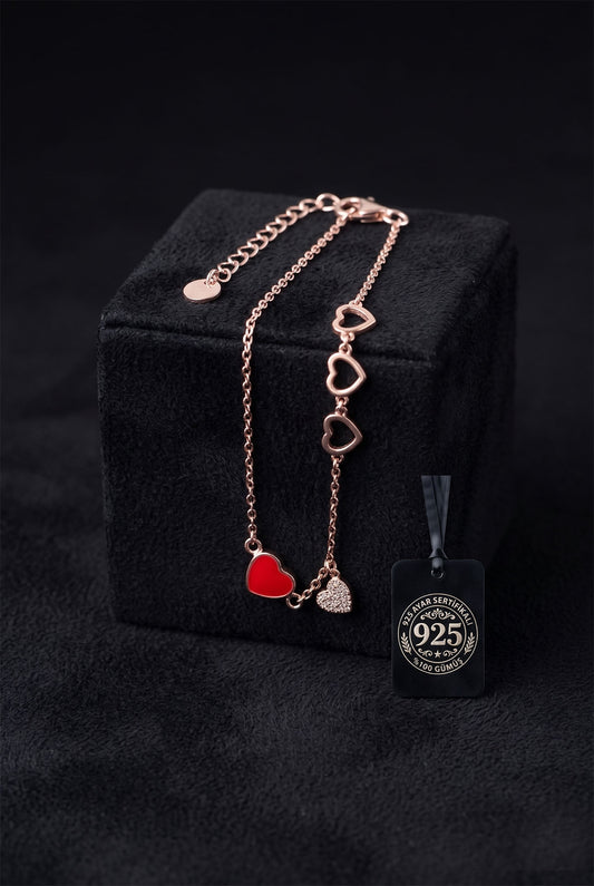 925 Ayar Zirkon Taşlı Mineli Rose Kalp Minimal Gümüş Bileklik