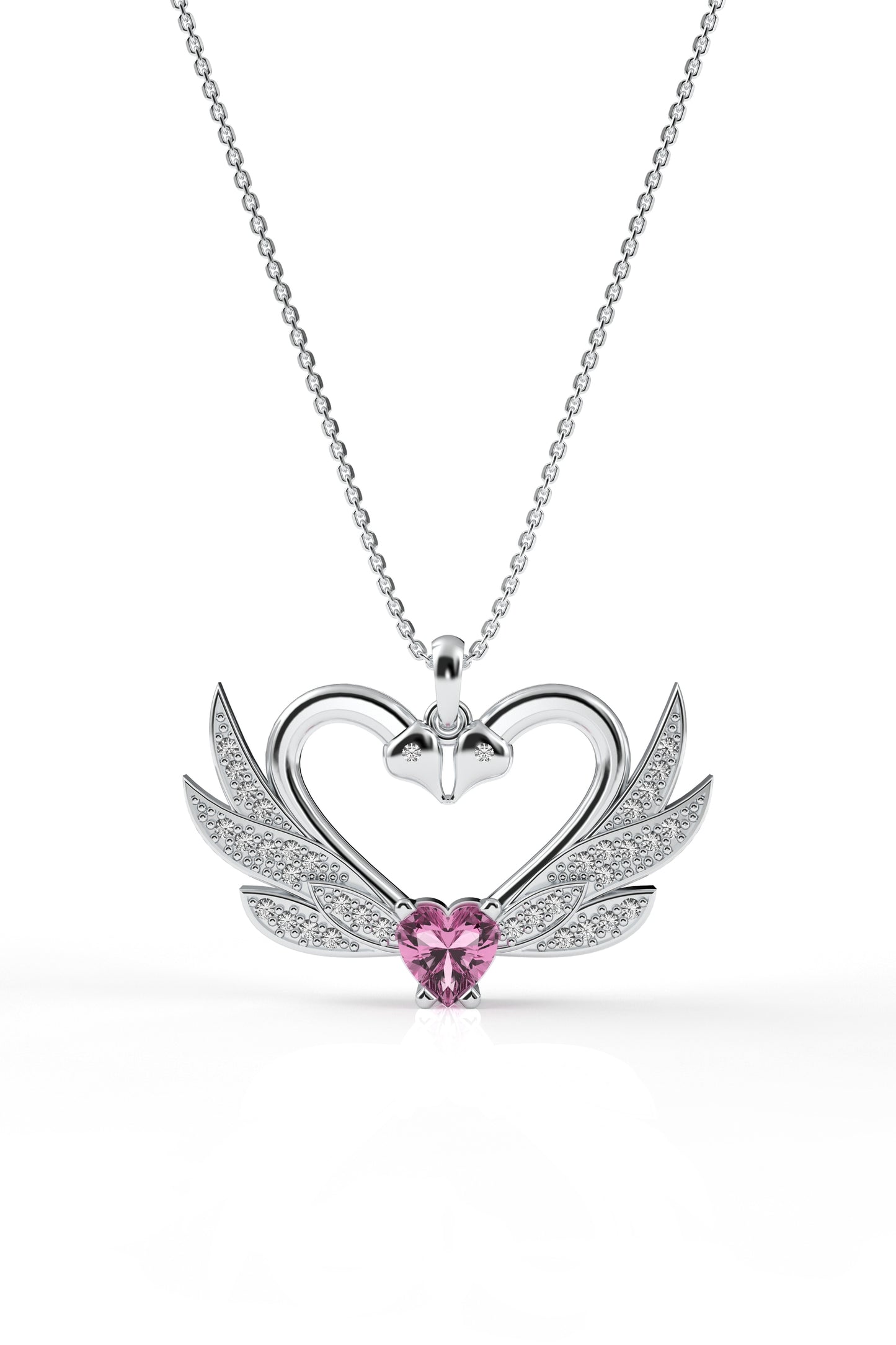 925 Ayar Zirkon Taşlı Rodyum Birleşen Kuğular Kalp Motifli Gümüş Aşk Kolyesi