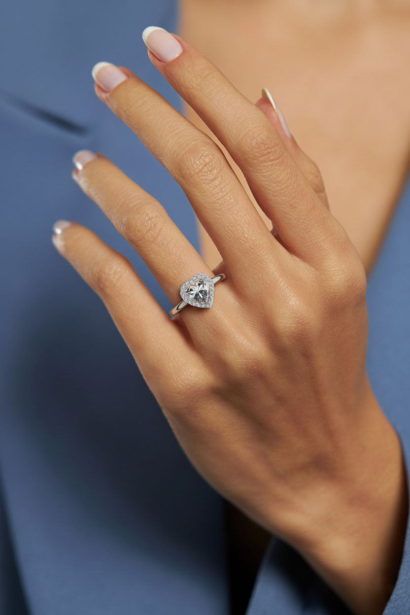 925 Ayar Zirkon Taşlı Rodyum Pırlanta Işıltılı Kalp Ayarlanabilir Gümüş Yüzük