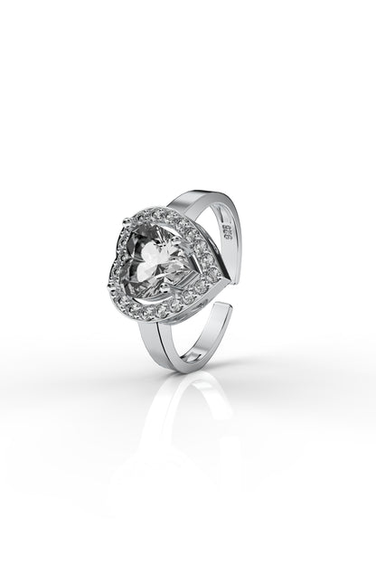 925 Ayar Zirkon Taşlı Rodyum Pırlanta Işıltılı Kalp Ayarlanabilir Gümüş Yüzük