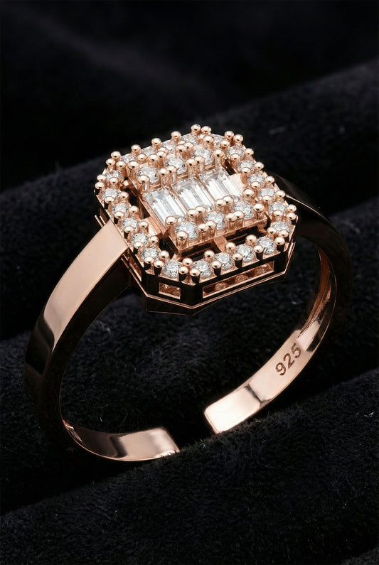 925 Ayar Zirkon Taşlı Rose 3 Sıra Ayarlanabilir Baget Gümüş Yüzük