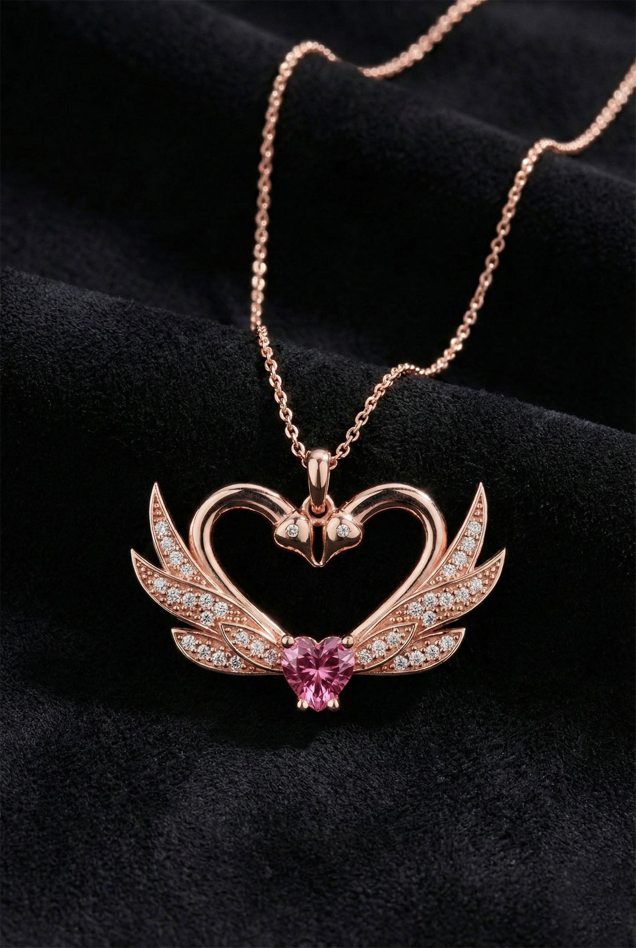 925 Ayar Zirkon Taşlı Rose Birleşen Kuğular Kalp Motifli Gümüş Aşk Kolyesi