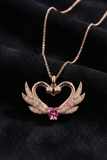 925 Ayar Zirkon Taşlı Rose Birleşen Kuğular Kalp Motifli Gümüş Aşk Kolyesi