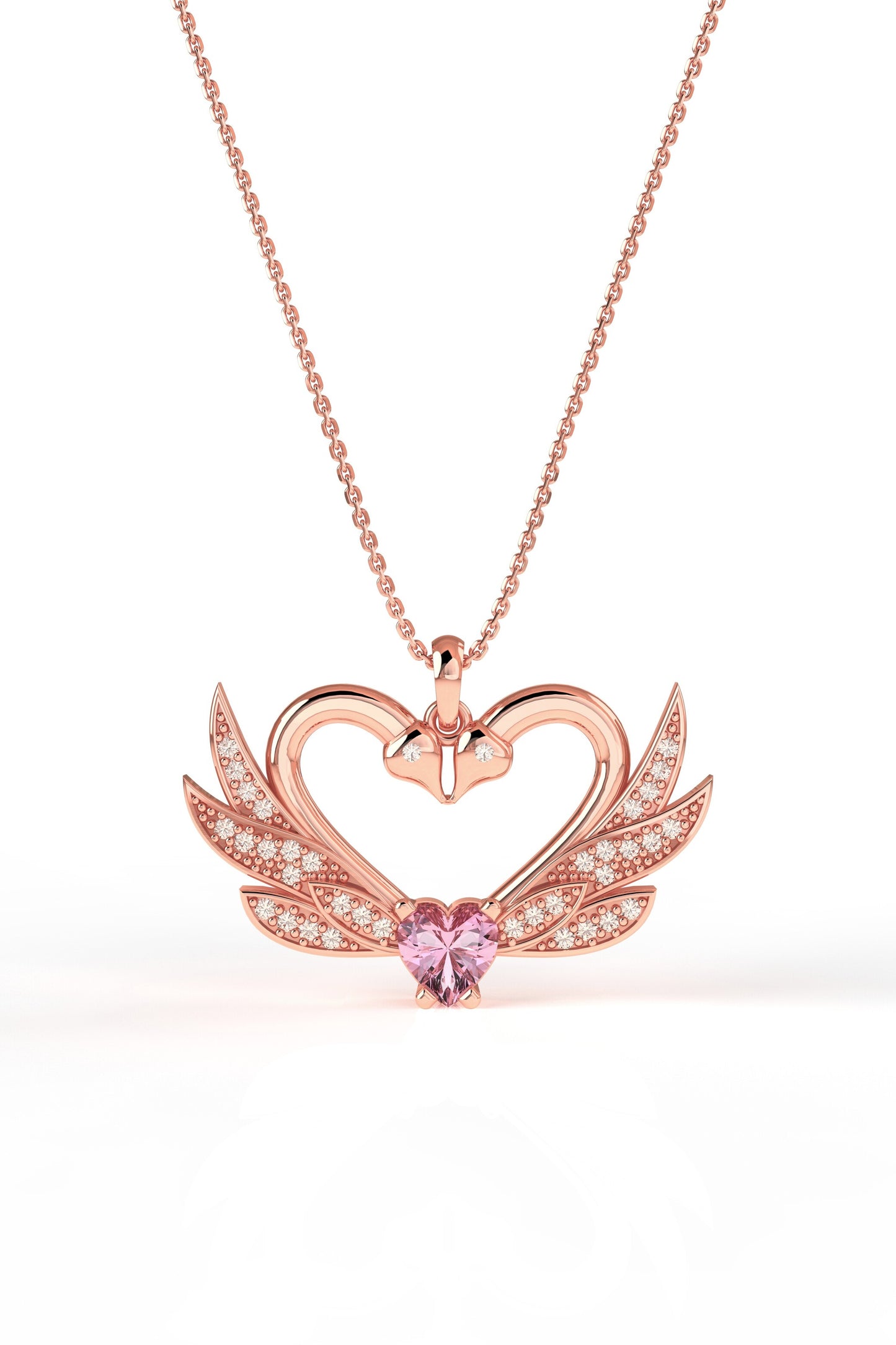 925 Ayar Zirkon Taşlı Rose Birleşen Kuğular Kalp Motifli Gümüş Aşk Kolyesi