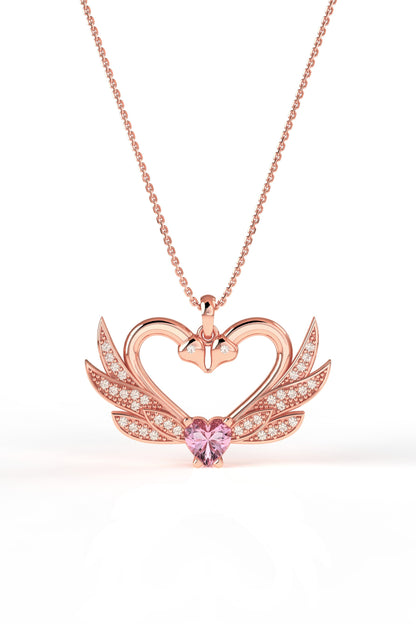 925 Ayar Zirkon Taşlı Rose Birleşen Kuğular Kalp Motifli Gümüş Aşk Kolyesi