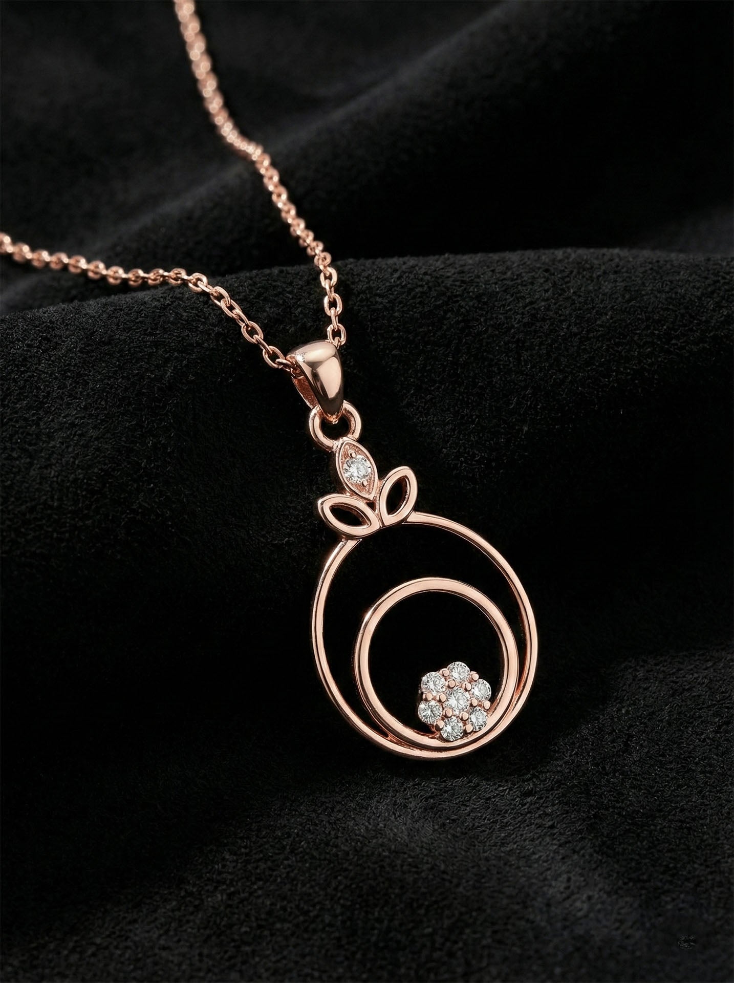 925 Ayar Zirkon Taşlı Rose Çiçekli Halka Gümüş Kolye