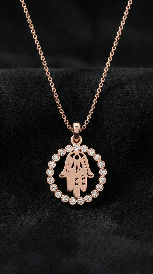 925 Ayar Zirkon Taşlı Rose Fatıma'nın Eli Gümüş Bereket Kolyesi
