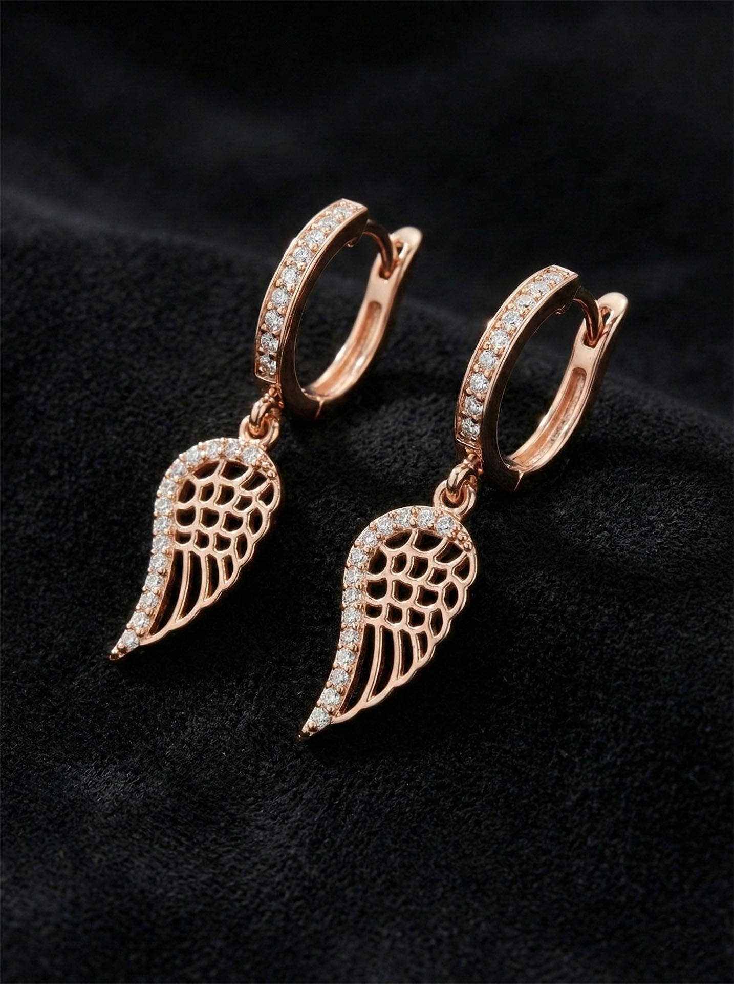 925 Ayar Zirkon Taşlı Rose Kanat Model Halka Gümüş Küpe