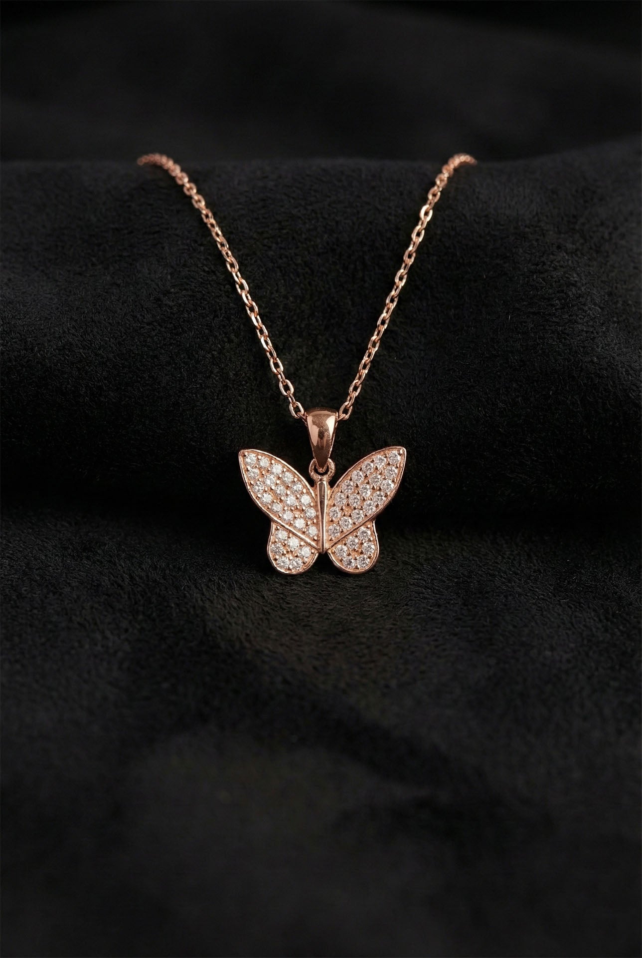925 Ayar Zirkon Taşlı Rose Kelebek Gümüş Kolye