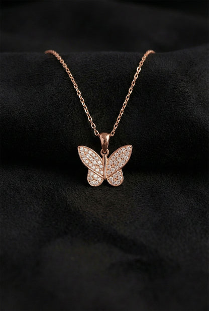 925 Ayar Zirkon Taşlı Rose Kelebek Gümüş Kolye