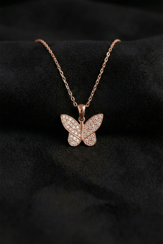 925 Ayar Zirkon Taşlı Rose Kelebek Gümüş Kolye