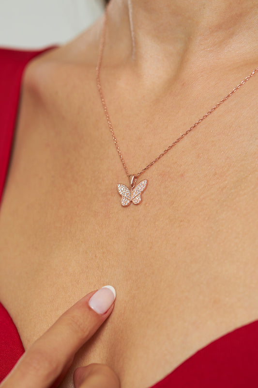 925 Ayar Zirkon Taşlı Rose Kelebek Gümüş Kolye