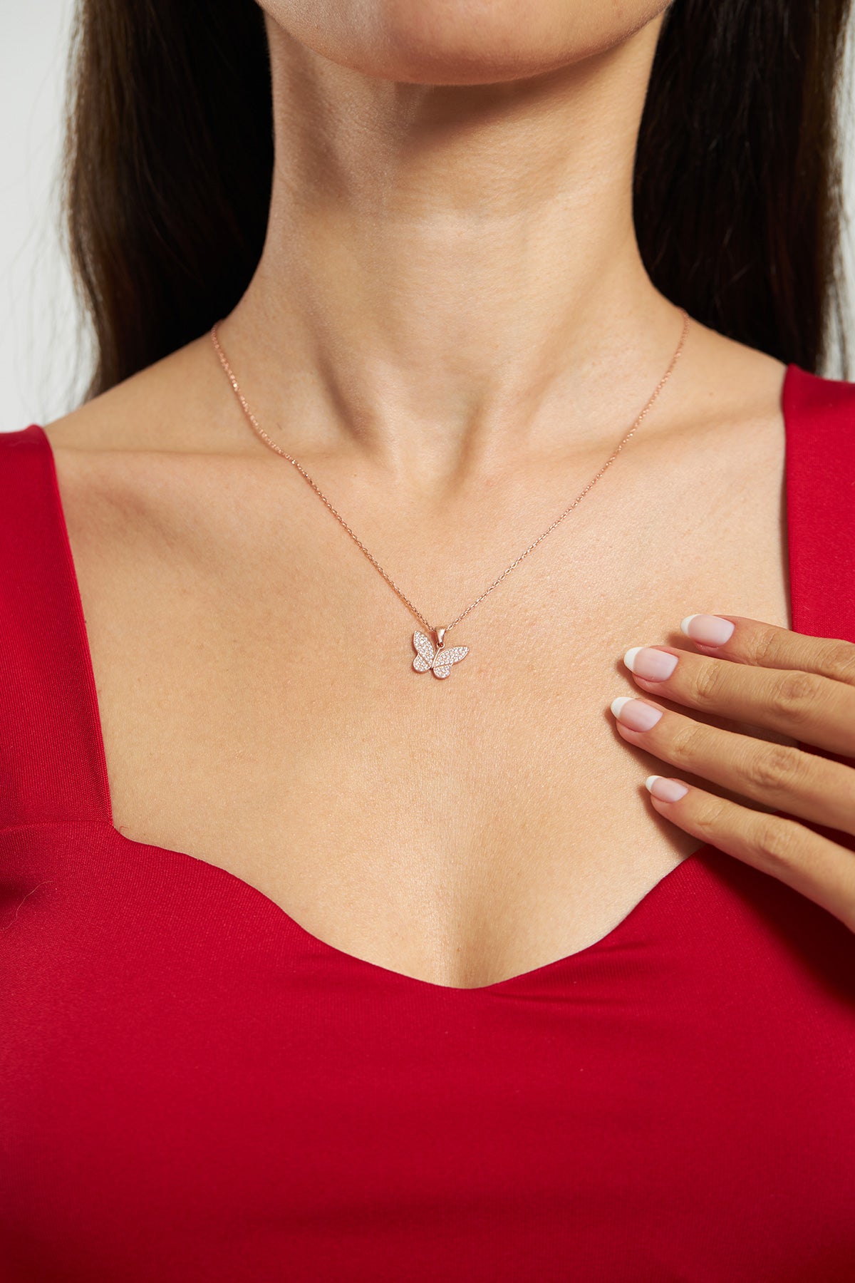 925 Ayar Zirkon Taşlı Rose Kelebek Gümüş Kolye