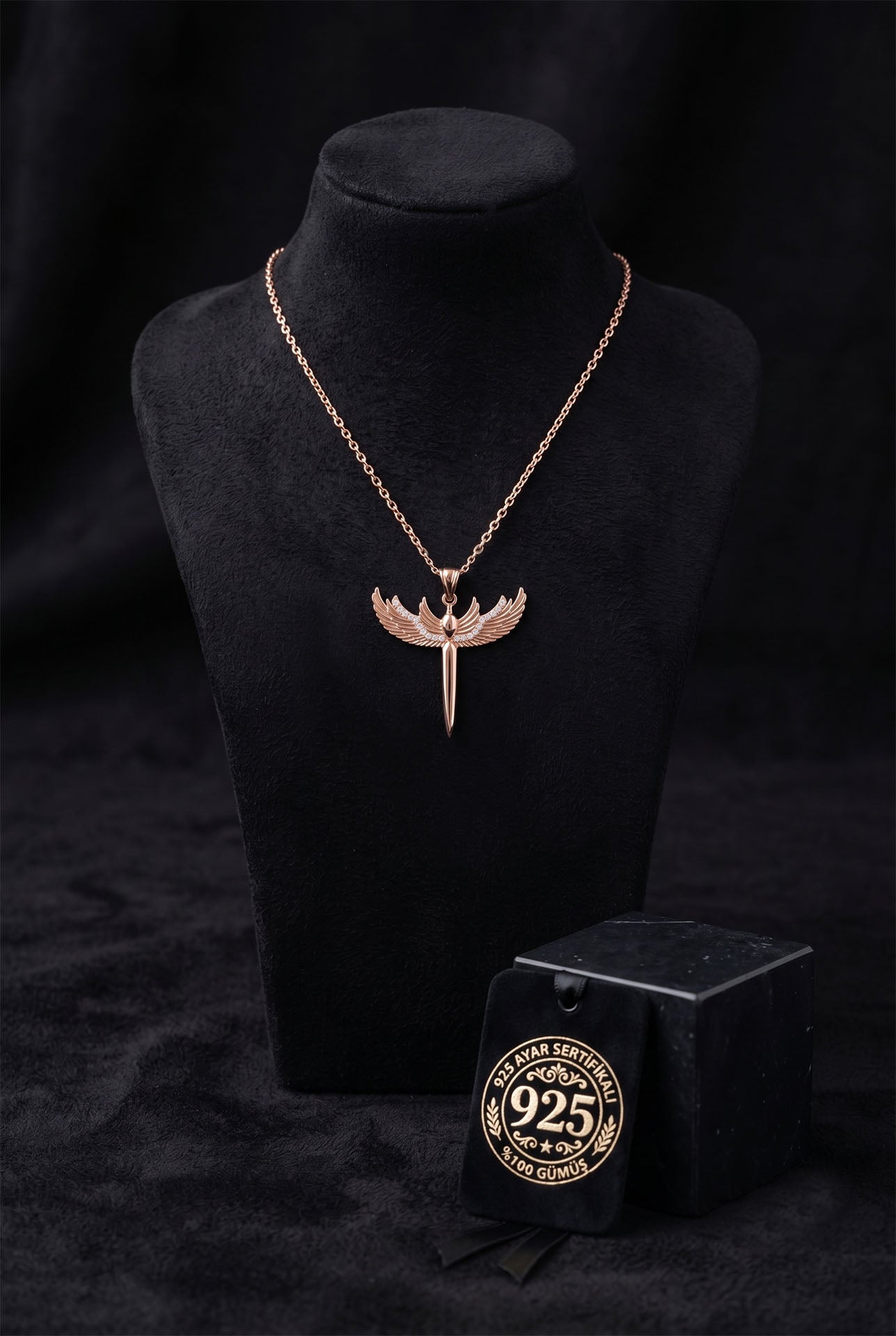925 Ayar Zirkon Taşlı Rose Mikail Kılıcı Gümüş Kolye