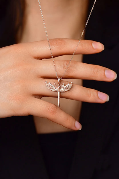 925 Ayar Zirkon Taşlı Rose Mikail Kılıcı Gümüş Kolye