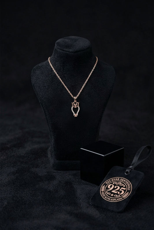 925 Ayar Zirkon Taşlı Rose Minimal Baykuş Gümüş Kolye