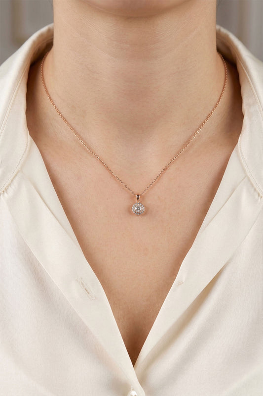 925 Ayar Zirkon Taşlı Rose Minimal Yuvarlak Anturaj Gümüş Kolye