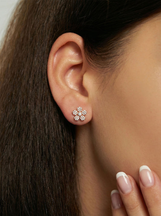 925 Ayar Zirkon Taşlı Rose Papatya Minimal Çivili Gümüş Küpe