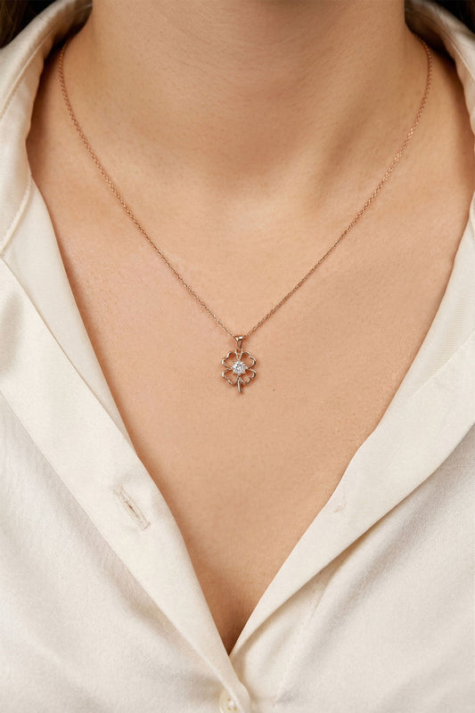 925 Ayar Zirkon Tektaş Rose Yonca Gümüş Kolye