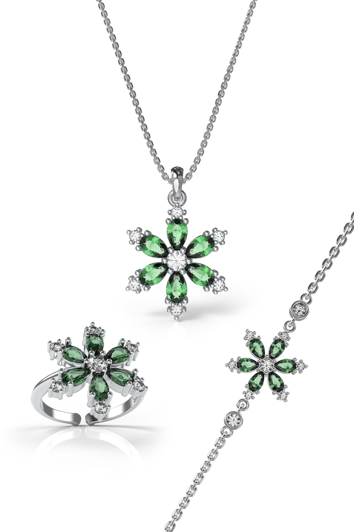 925 Ayar Zümrüt Taşlı Rodyum Lotus Çiçeği 3'lü Gümüş Set