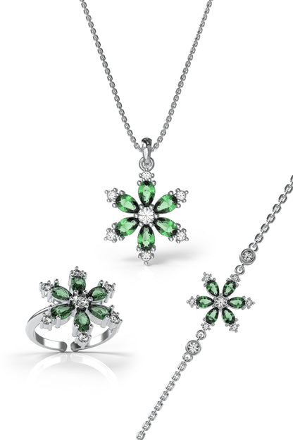 925 Ayar Zümrüt Taşlı Rodyum Lotus Çiçeği 3'lü Gümüş Set