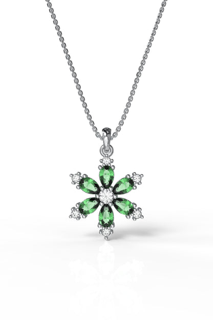 925 Ayar Zümrüt Taşlı Rodyum Lotus Çiçeği Gümüş Kolye