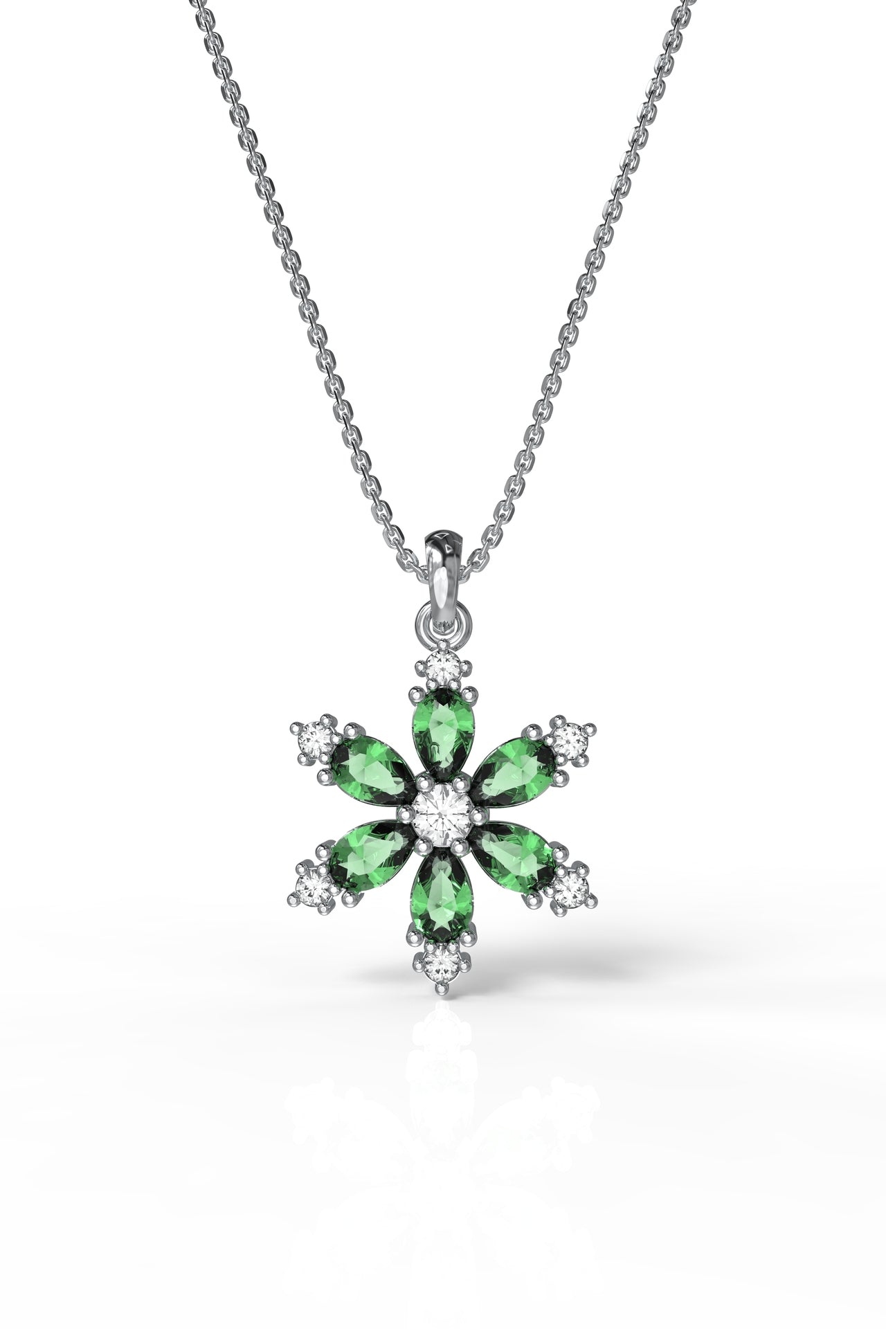 925 Ayar Zümrüt Taşlı Rodyum Lotus Çiçeği Gümüş Kolye