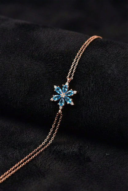 925 Ayar Akuamarin Taşlı Rose Lotus Çiçeği Gümüş Bileklik