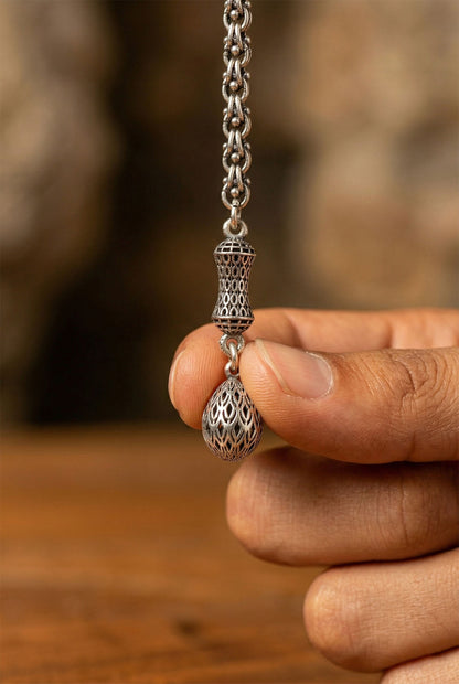Koleksiyonluk 925 Ayar Gümüş Otantik İşleme Arnavut Zincir Damla Tesbih Püskül Ucu 7cm