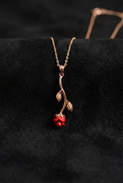 925 Ayar Mineli Rose Kırmızı Gül Gümüş Kolye