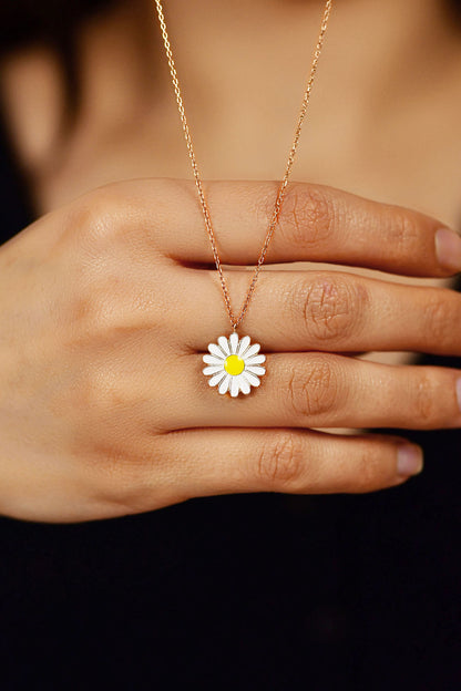 925 Ayar Mineli Rose Papatya Gümüş Kolye