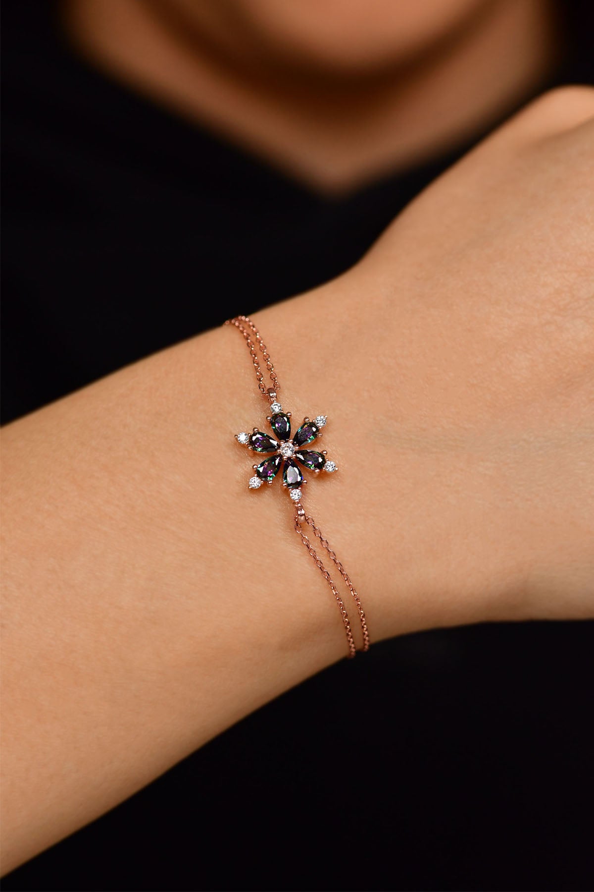 925 Ayar Mistik Topaz Taşlı Rose Lotus Çiçeği Gümüş Bileklik