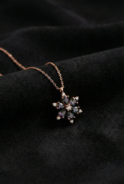 925 Ayar Mistik Topaz Taşlı Rose Lotus Çiçeği Gümüş Kolye