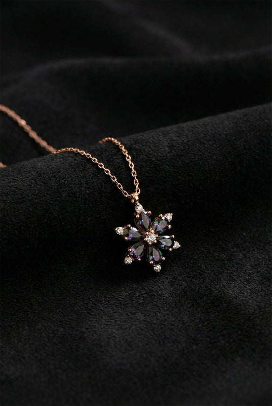 925 Ayar Mistik Topaz Taşlı Rose Lotus Çiçeği Gümüş Kolye